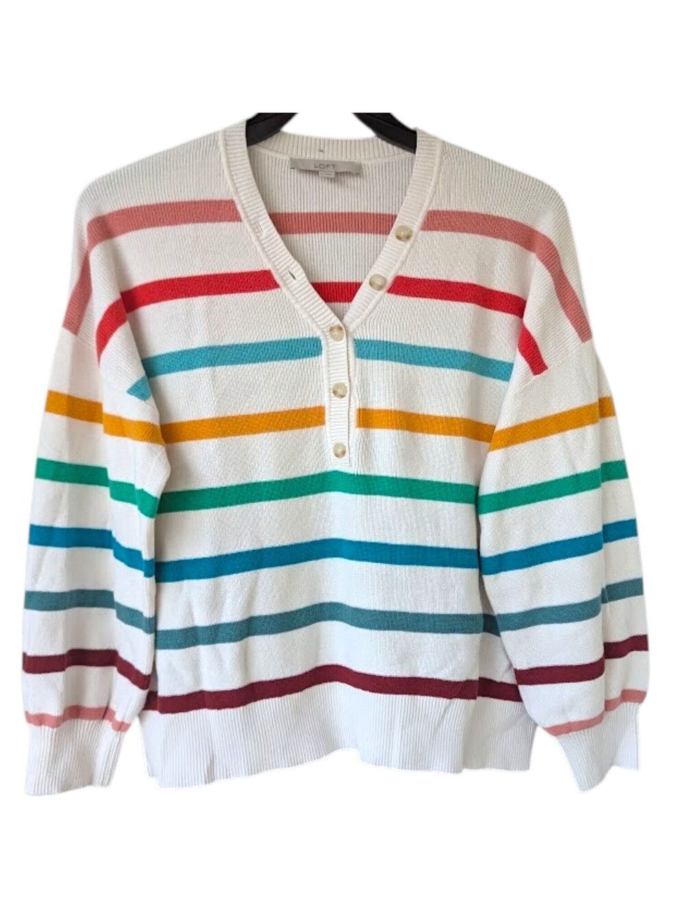LOFT XL Striped V-Neck Pullover Sweater Multicolor Button Detail 23.5x24